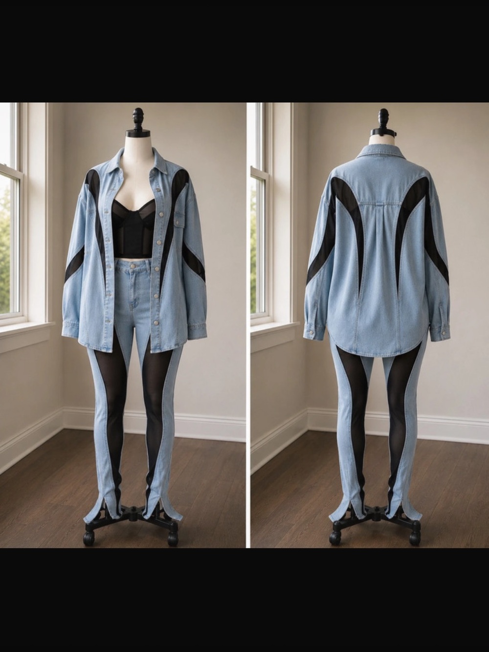 Fashion Nova Light Blue Denim & Black Mesh Skinny Jeans Set - Women